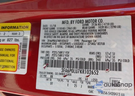 2019 Ford Fusion Hybrid Se из США, поврежденный, VIN 3FA6P0LU7KR102652